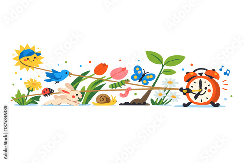 Image Generation. Early April meadow viewed in transition where elements subtly lean forward, plants stretching toward unseen