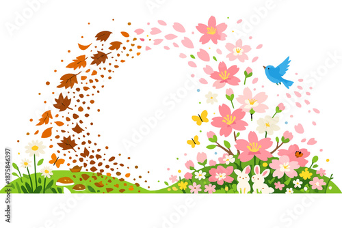 Image Generation. Fresh spring meadow transforming mid-scene where old leaves dissolve into new blossoms, upward motion guiding