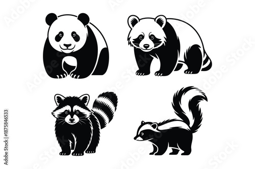 Wild mammal silhouettes including panda raccoon and skunk