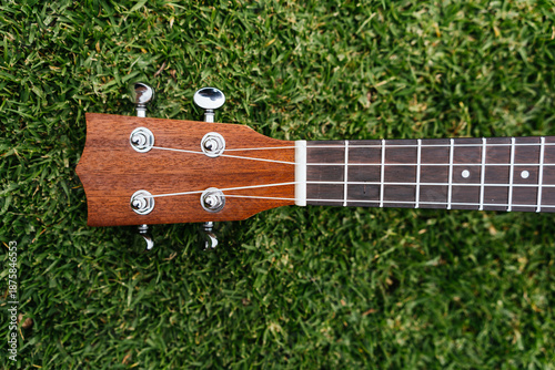 A classic brown acoustic ukulele with white wooden strings rests on the green grass like a folk musical instrument ready to play a jazz and rock music concert
