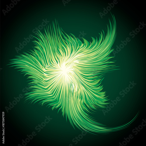 Bright circular white midpoint drawing wave flame shape art design. Fuzzy magic laser sphere form in modern creative fur line style. Lime color power sun boom ball symbol on dark night space for text