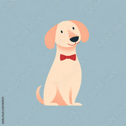 A charming, cartoonish illustration of a friendly light-colored dog, sitting upright and sporting a stylish red bow tie, perfect for pet-themed designs and children's content