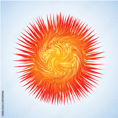 Artistic bright warm red burn circle midpoint drawing shape design. Optical illusion fuzzy sphere form in art cartoon creative style. Yellow color motley power boom ball symbol on sky space for text