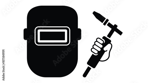 Welding symbol depicting a protective mask and a welding torch held by a hand