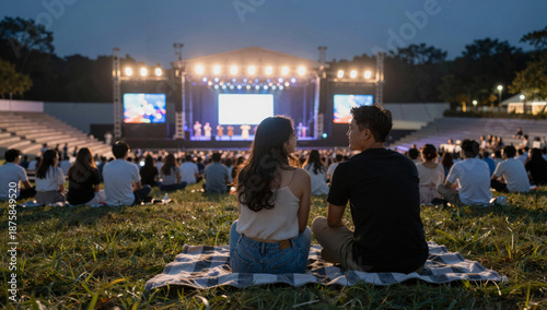 Romantic couple on a blanket at a nighttime outdoor concert in a public amphitheater