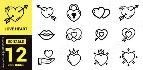 Valentine's Day love icons set with heart shapes, padlocks, lips, keys, sparkles, romantic symbols, passion, affection, couple celebration