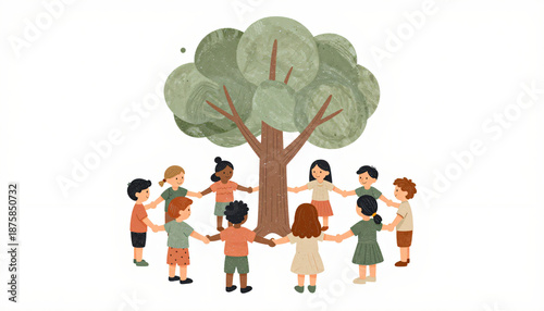 Diverse children holding hands around a tree textured illustration