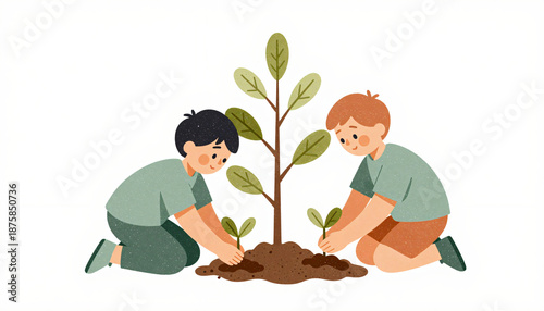 Children planting trees for environment conservation illustration