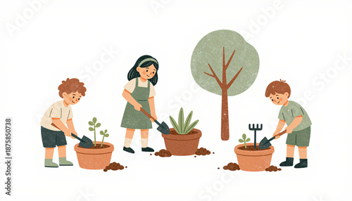 Children Gardening and Planting Flowers Flat Textured Illustration
