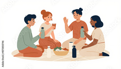 Group of Diverse Friends Enjoying a Picnic Flat Illustration