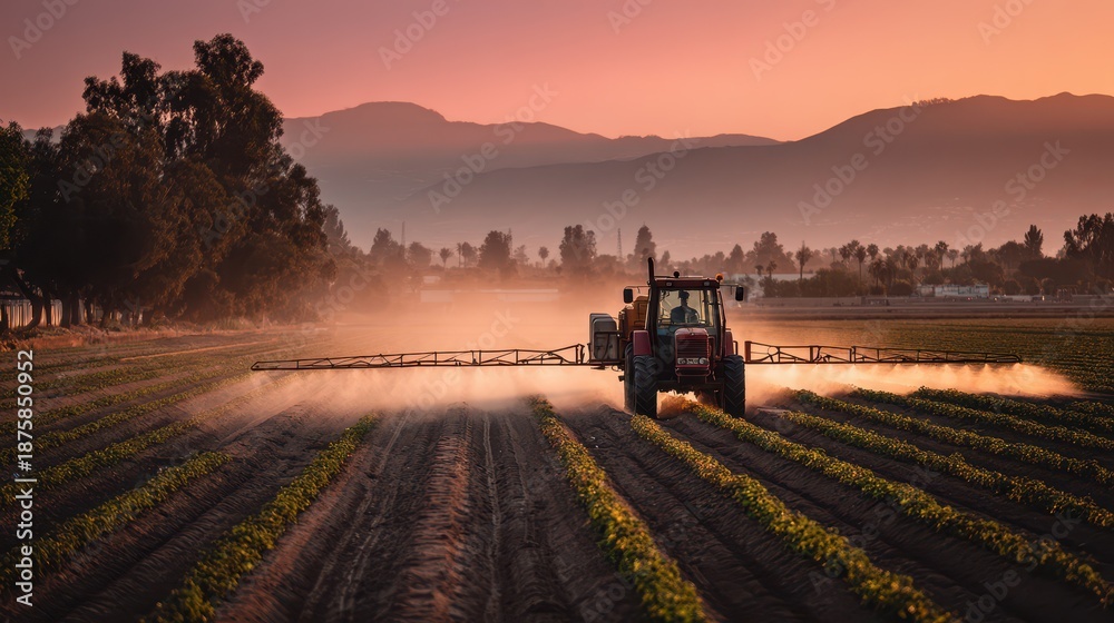 Fototapeta premium Tractor spraying crop fields at golden hour sunset