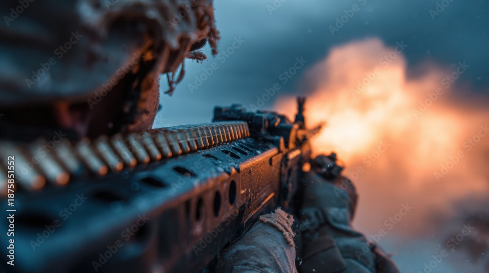 Fototapeta premium Camouflaged Soldier Firing Belt-Fed Machine Gun Amidst Smoke and Flash