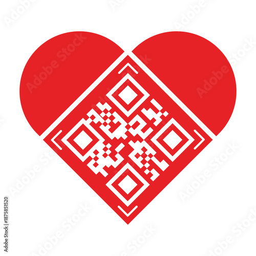 Red heart icon with an integrated QR code isolated on a white background. Concept for digital love, online dating, modern romance, wedding technology, and creative marketing for Valentine's Day.