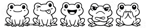 Hand drawn line art frog set featuring different emotional expressions for kids' designs