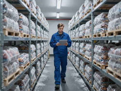 Industrial cold-storage warehouse: worker in blue coveralls checks inventory on a tablet among frost-covered metal racks