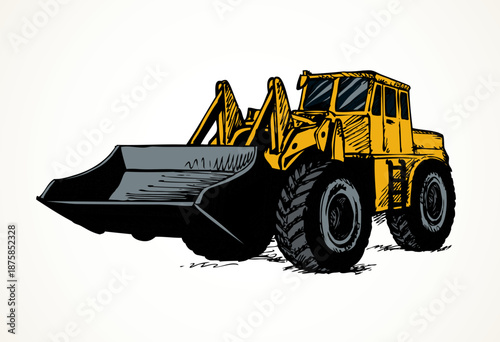 Steel scrape push load traction on big rubber bus tire isolated on white background. Bright yellow color hand drawn sign icon picture doodle style with space for text on sand dirt land quarry