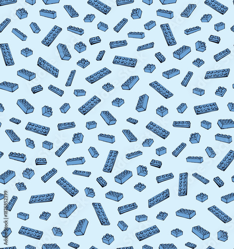 Vibrant meccano puzzle kit set on light blue paper backdrop. Bright multi color ink hand drawn design object logo emblem pictogram in modern art scribble comic style. Tileable vivid wrapping wallpaper