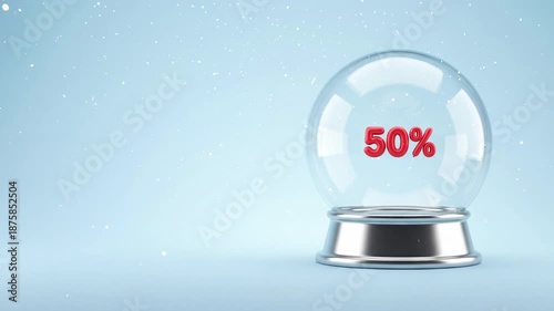 Holiday sale 50% discount in a Festive decoration winter christmas snow globe on vibrant blue background with sparkling light effects.
