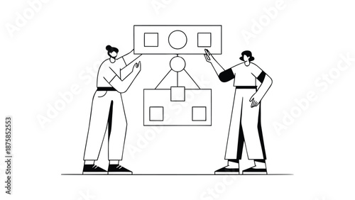 Two business professionals working together on a strategy plan with a flowchart