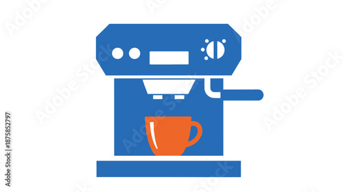 Simple blue illustration of a modern espresso machine with a coffee cup below
