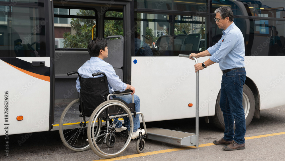 Obraz premium Professional photograph of a wheelchair user boarding a high-floor bus with a built-in lift and a helpful driver