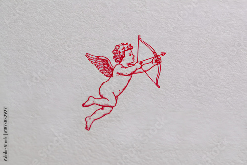 Vintage Red Cupid Illustration with Bow and Arrow Printed on Textured Paper in a Classic Romantic Style
