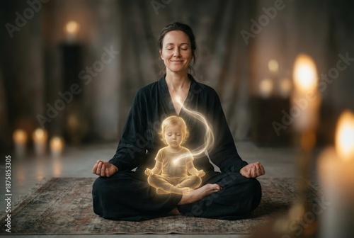 Woman meditating with glowing inner child representation in a serene, candlelit environment