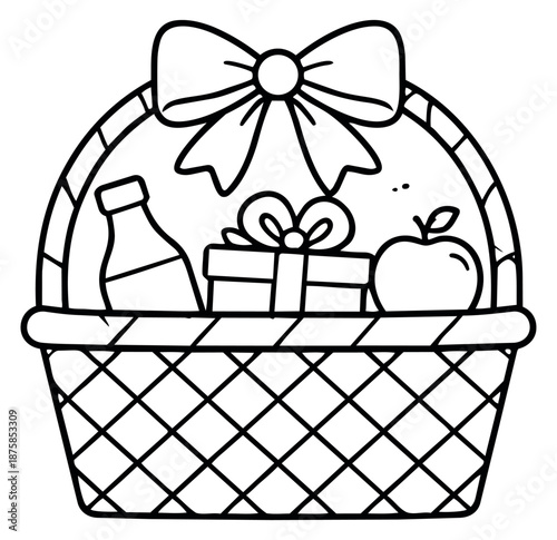 Hand drawn illustration of a gift basket filled with a bottle, present, and apple, topped with a bow for gifting and celebrations