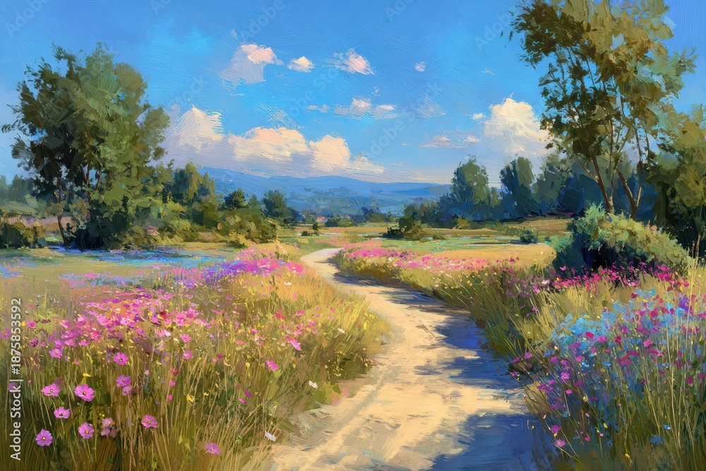 Fototapeta premium Pastoral scene with cosmos blossoms along a country road in an impressionist brushwork style