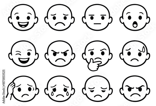 Hand drawn line art emoticon set featuring diverse facial expressions for digital communication and user interface design