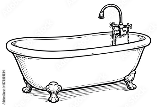 Hand drawn line art illustration of a bathtub depicting a vintage clawfoot style for bathroom design