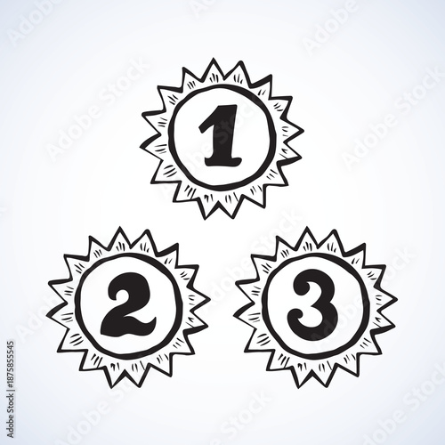 Contest 1 olympic athlete leader hero medalist gold metal pin round wreath element. Outline black hand drawn warranty logo border in retro art doodle cartoon graphic style on white paper space for tex