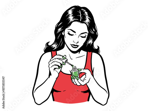 Pop art woman applying green nail polish. Beauty manicure vector illustration in vintage comic style.