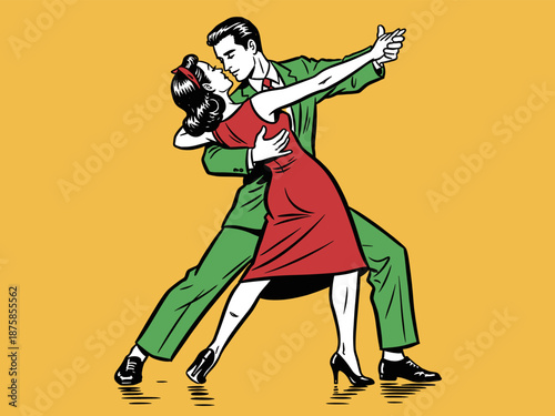Vintage pop art illustration of dancing couple. Retro comic style tango romance design for t-shirt print, poster, sticker, background.