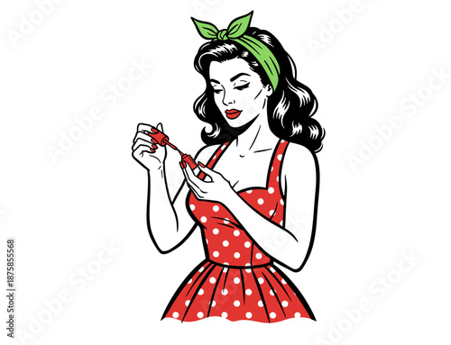 Pin up girl applying nail polish. Retro fashion woman illustration in pop art comic book style. Beauty, makeup, and vintage glamour vector design.
