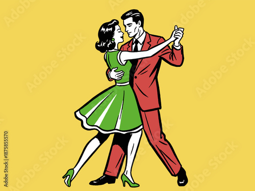 Retro Pop Art Couple Dancing. Vintage Illustration of Man and Woman performing a Swing or Ballroom Dance on Yellow Background.