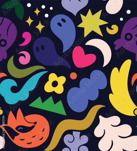 Seamless pattern with playful folk Icons in colorful style