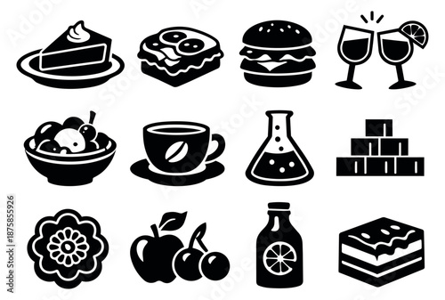 Modern glyph icon set featuring food, drinks, science, and celebration elements for UI design