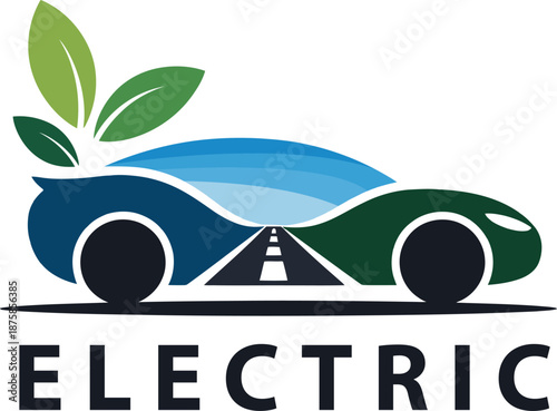 Electric car with leaf eco friendly transportation symbol, green and blue