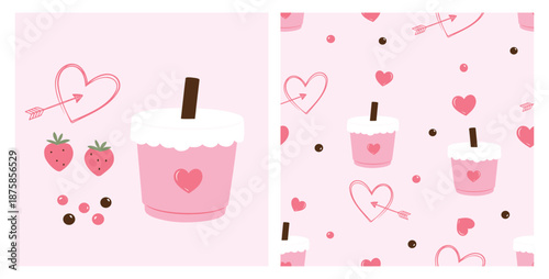 Cute Valentine drink illustration set with heart cup, strawberries, and love symbols in soft pastel pink tones, including seamless pattern design for packaging, stationery.