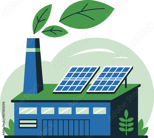 Eco friendly factory with solar panels and green leaves for sustainability concept, flat vector illustration