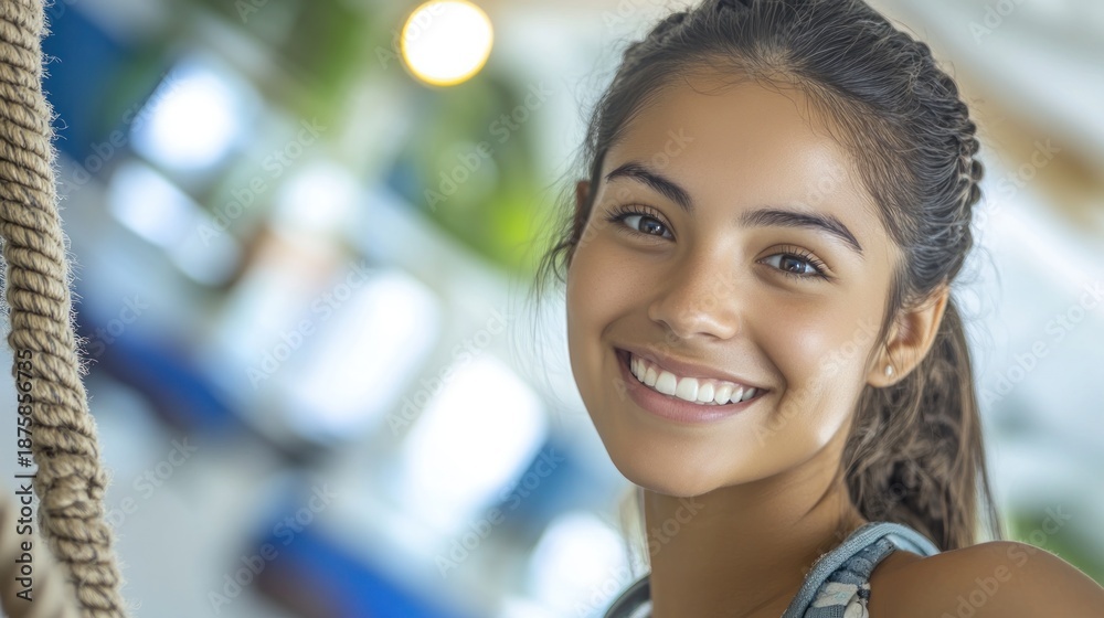 Obraz premium Young girl smiles while playing on a rope in a bright indoor space during the day