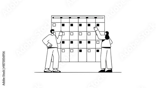 Monochrome illustration of two people planning deadlines on a large calendar board with marked dates and tasks