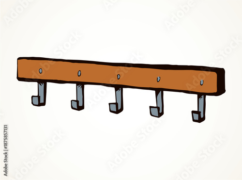 Old timber bath peg plank panel decor on white hall backdrop. Outline black ink hand drawn decoration object logo emblem in retro art doodle cartoon style on space for text. Closeup holder pictogram