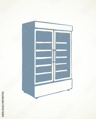 Big chiller show ice soda good case icebox stand on white background. Line black hand draw empty rack chest box cafe aisle device symbol sign in art modern doodle cartoon style on paper space for text
