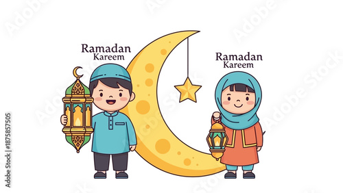 Two happy cartoon children, a boy and a girl, holding lanterns beside a golden crescent moon, illustrating the festive spirit of Ramadan Kareem