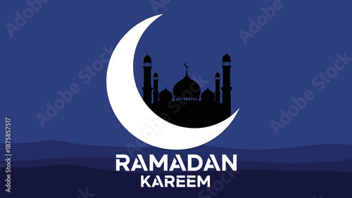 Ramadan Kareem illustration with crescent moon and mosque silhouette against a deep blue background, symbolizing the holy month of Islam