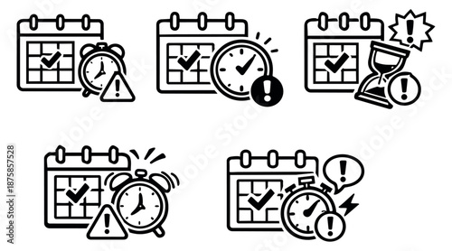 Hand drawn line art icons set featuring calendars, clocks, and hourglasses with alert symbols for deadline and time management
