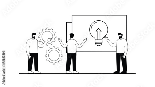 Three business professionals discussing problem solving with gear and light bulb on whiteboard in meeting