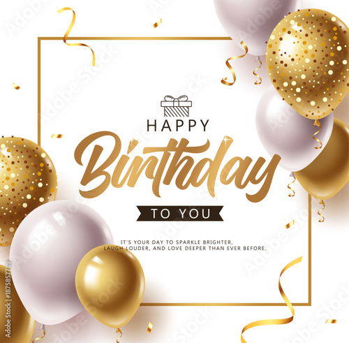 Happy Birthday Clipart with Metallic Balloons and Confetti on White Minimalist Background. Happy birthday Greeting design Vector Illustration.

